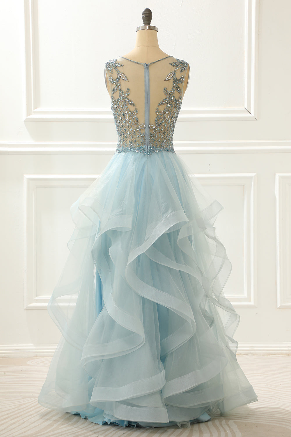 Luolandi A Line Light Blue Long Prom Dress With Appliques V-neck Charming Evening Party Dress